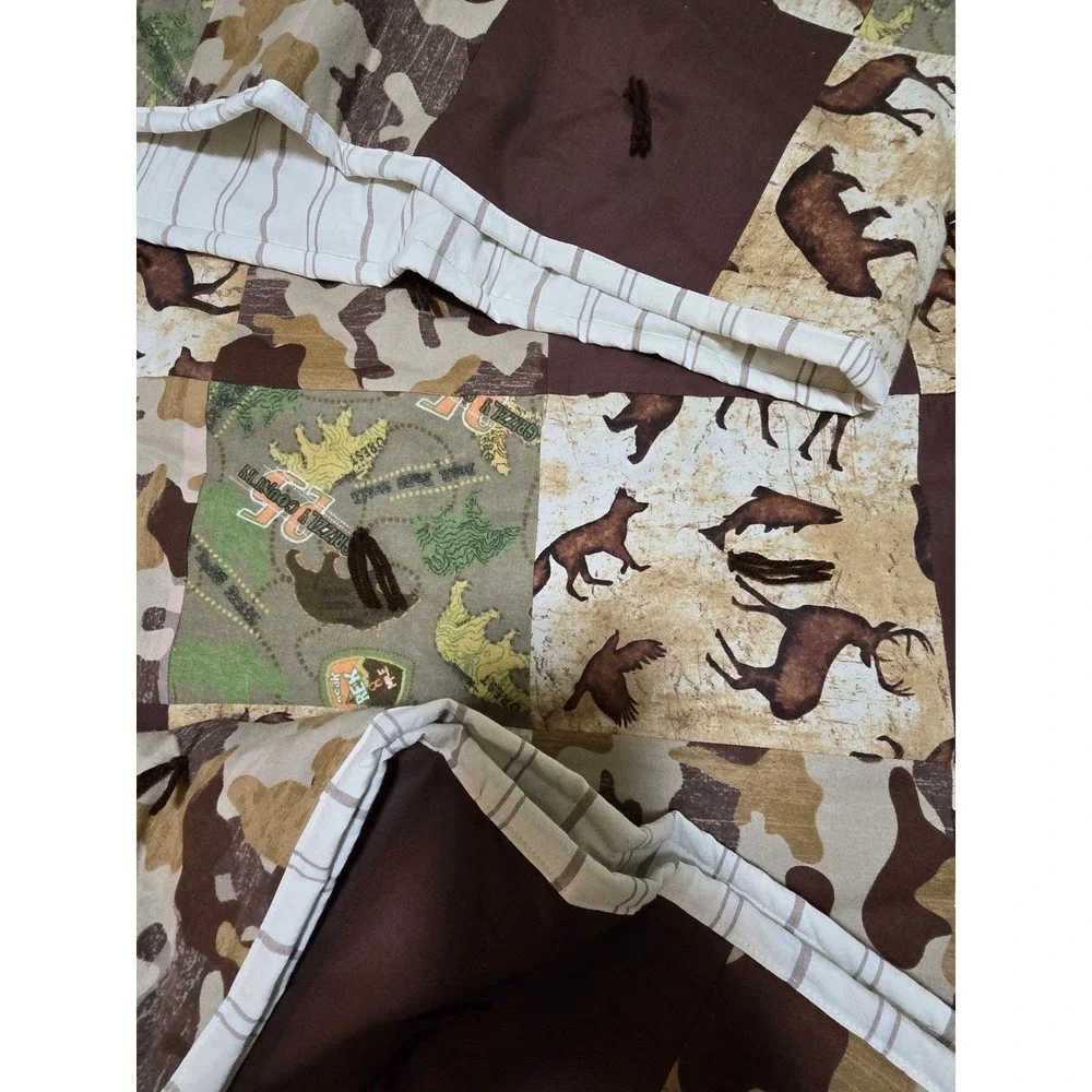 New Handmade Quilted‎ Blanket Patchwork Camo Deer Fox Fish Nature Print /0186